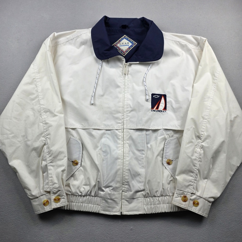 Gear For Sports Mens XL‎ Chevrolet Windbreaker Jacket Cream Navy C7482 Vintage